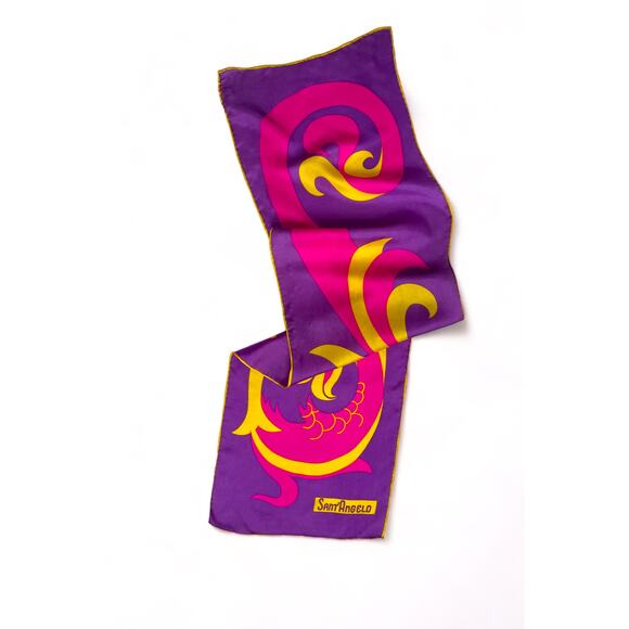 VTG 70s Giorgio Sant’Angelo Pink Purple Fish Dragon Print Signed Silk Scarf - Picture 5 of 6